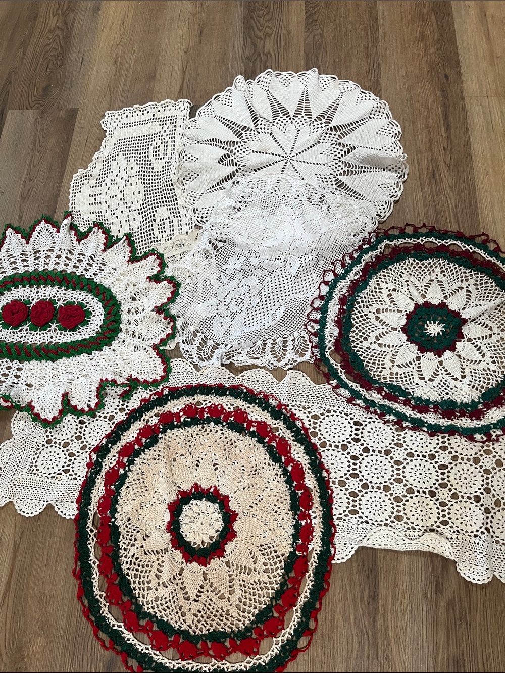 Lot 8 Crochet Doilies - Assorted White Red & Green vintage to modern